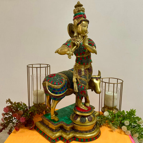 Lord Krishna Cow idol, 25 Inch Large Brass Stonework Statue for Home - Crafts N Chisel - Indian Home Decor USA