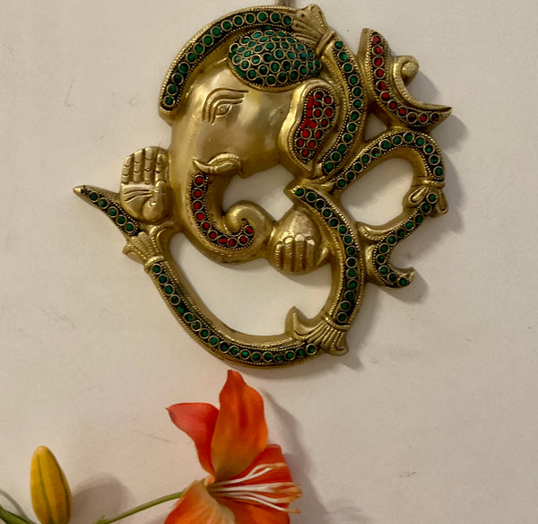 Om Ganesha Wall Hanging - Brass Stonework Decor - Crafts N Chisel - Indian Home Decor USA