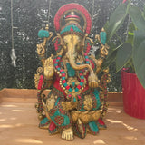 12 Inch Brass Ganesh Idol With Stonework For Home - Ganpati Pooja Statue - Crafts N Chisel - Indian Home Decor USA