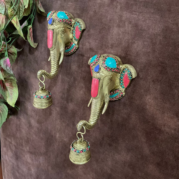Elephant Bell (Set of 2) Stonework - Decorative Brass Wall Hanging - Crafts N Chisel - Indian Home Decor USA
