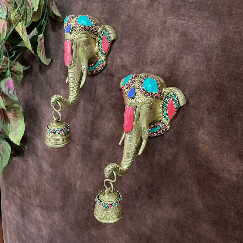 Elephant Bell (Set of 2) Stonework - Decorative Brass Wall Hanging - Crafts N Chisel - Indian Home Decor USA