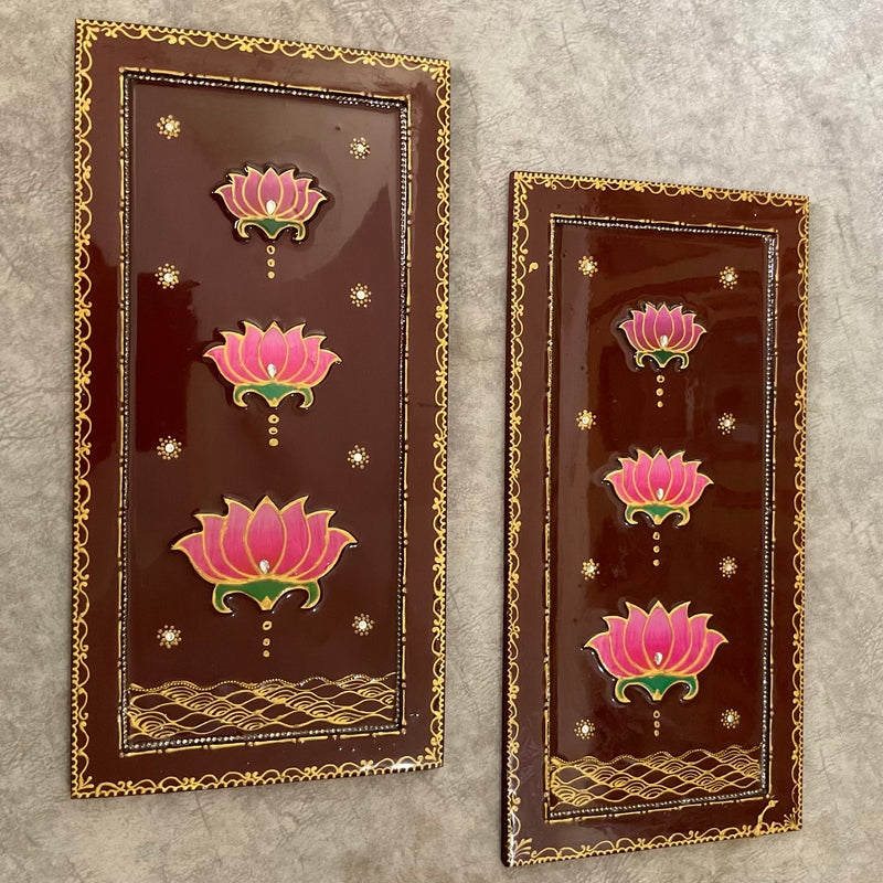 Shrinathji Jharoka Lotus Pichwai Wall Hanging (Set of 3) - Crafts N Chisel - Indian Home Decor USA