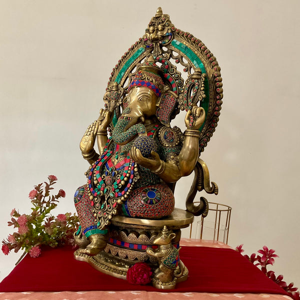 27 Inch Lord Ganesh Idol With Prabhavali - Brass Stonework Statue - Crafts N Chisel - Indian Home Decor USA