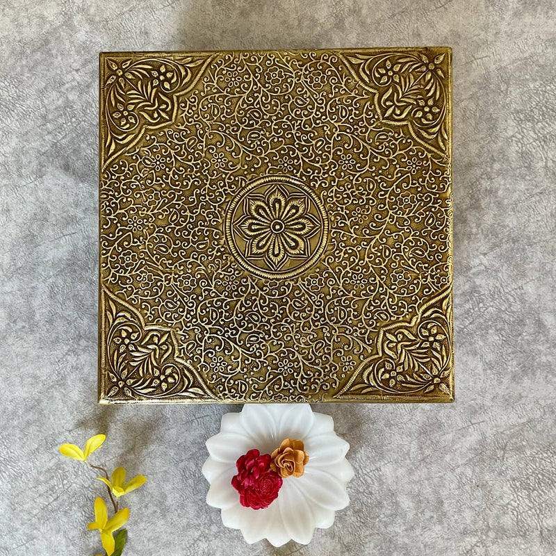 12” Brass fitted Wooden Square Chowki For Idols And Pooja - Crafts N Chisel - Indian Home Decor USA