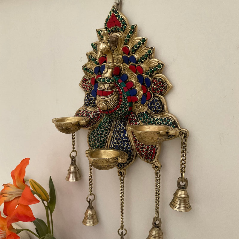 17.5 Inch Peacock Wall Hanging Diya Bell - Brass Stonework Decor - Crafts N Chisel - Indian Home Decor USA