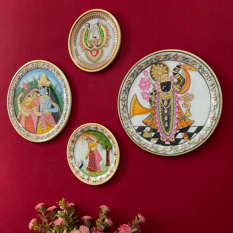 Radha Krishna, Shrinathji And Meenakari Jewelry Painting (Set of 4)- Wall Hanging - Decorative Round Marble Plate - Crafts N Chisel - Indian Home Decor USA