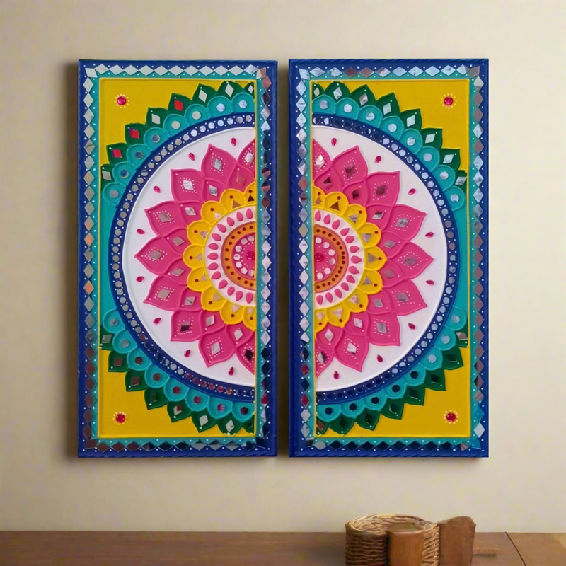 Colourful Flower Rangoli Lippan Wall Hanging - Clay Mirror Wall Decor - Crafts N Chisel - Indian Home Decor USA