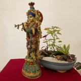20 Inches Lord Krishna Statue, Brass Stonework Idol for Pooja, Home Entrance - Crafts N Chisel - Indian Home Decor USA
