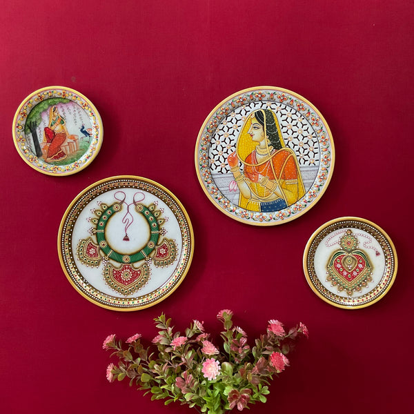 Rajasthani Meenakari Jewelry Painting (Set of 4) - Wall Hanging - Decorative Round Marble Plate - Crafts N Chisel - Indian Home Decor USA