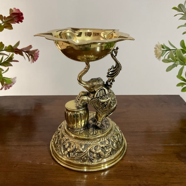 Elephant Brass Diya Lamp Lightweight Antique Finish - Temple Pooja Decor - Crafts N Chisel - Indian Home Decor USA