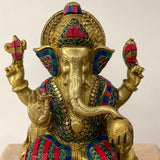 12.5 Inch Ganesha Idol Brass Stonework - Ganpati Pooja Statue, Housewarming Gift - Crafts N Chisel - Indian Home Decor USA