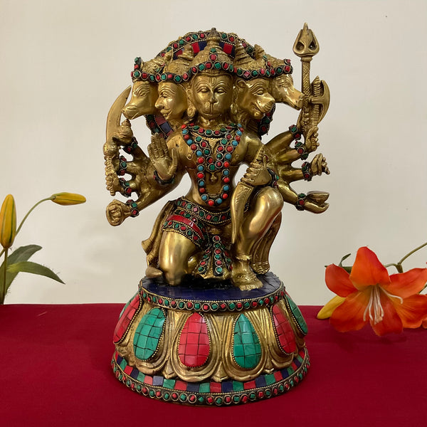 12.5 Inch Lord Hanuman Punchmukhi Idol - Brass Stonework Decorative Home Decor - Crafts N Chisel - Indian Home Decor USA