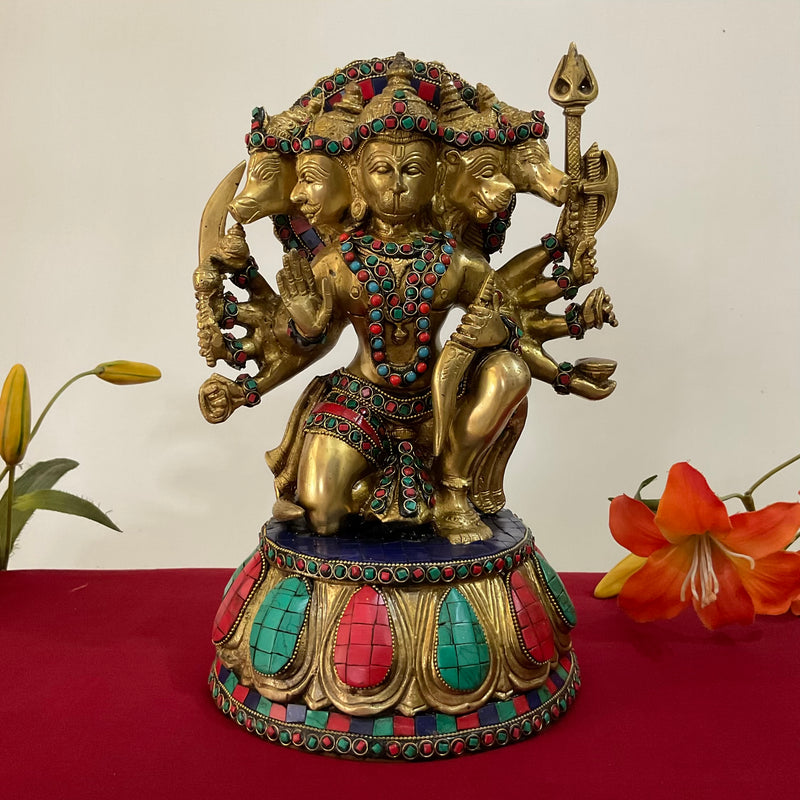 12.5 Inch Lord Hanuman Punchmukhi Idol - Brass Stonework Decorative Home Decor - Crafts N Chisel - Indian Home Decor USA