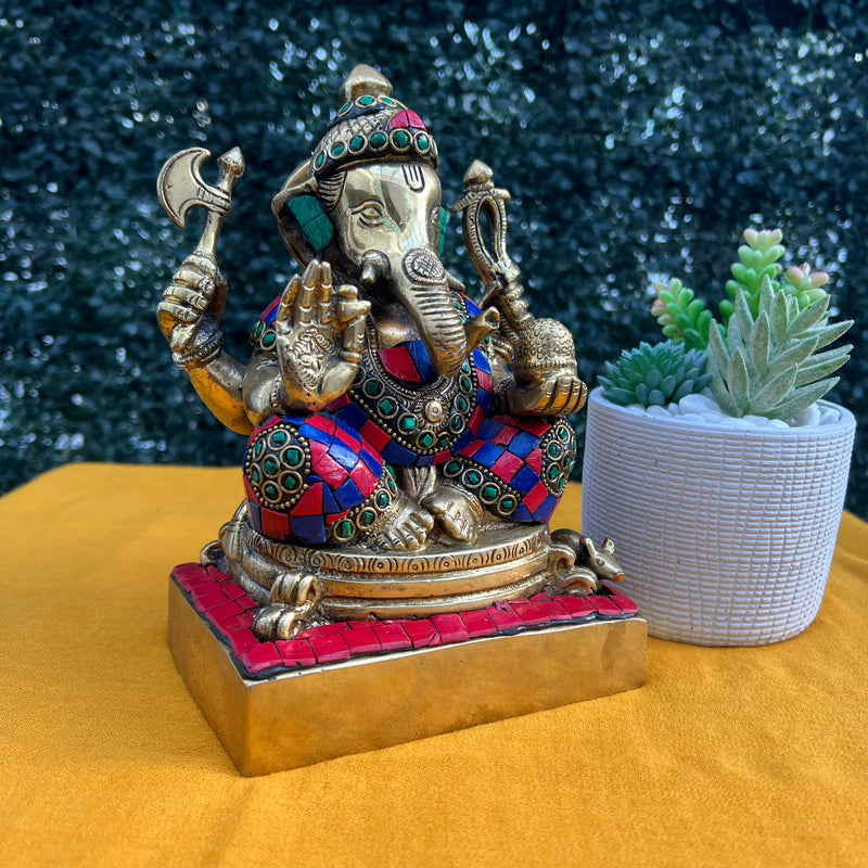 8 Inches Lord Ganesh Brass Idol - handcrafted Stonework - Ganpati Decorative Statue for Home Decor - Housewarming Gift - Crafts N Chisel - Indian Home Decor USA