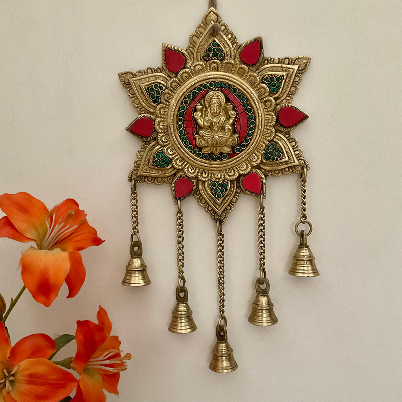 Lakshmi Wall Hanging Bell - Brass Stonework Decor - Crafts N Chisel - Indian Home Decor USA