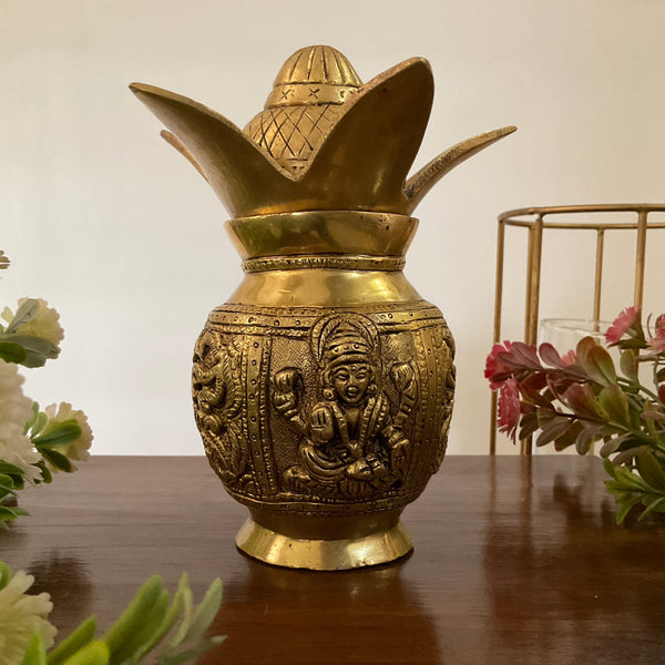 Lakshmi Ganesha Brass Kalash With Coconut For Pooja - Crafts N Chisel - Indian Home Decor USA