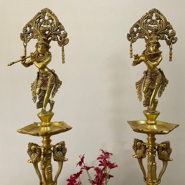 28 Inch Krishna Brass Diya Lamp (Set of 2) - Traditional Indian Festive Decor - Crafts N Chisel - Indian Home Decor USA
