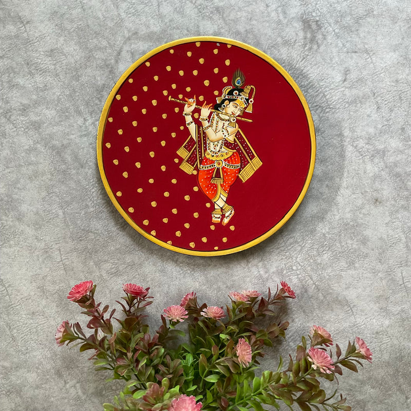 Krishna Shrinathji Cow Pichwai Wall Hanging - Decorative Round Plate - Crafts N Chisel - Indian Home Decor USA
