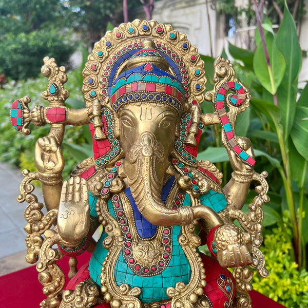 16 Inches Lord Ganesh Brass Idol Stonework - handcrafted Ganpati Decorative Statue for Home Decor - Housewarming Gift - Crafts N Chisel - Indian Home Decor USA