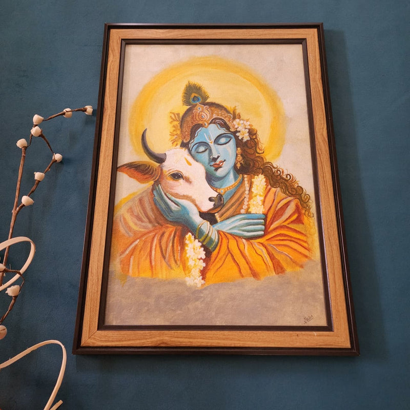 Krishna Cow Handmade Painting - Framed Wall Decor - Crafts N Chisel - Indian Home Decor USA