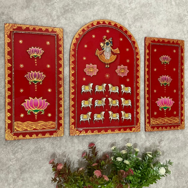 Shrinathji Jharoka Lotus Pichwai Wall Hanging (Set of 3) - Crafts N Chisel - Indian Home Decor USA