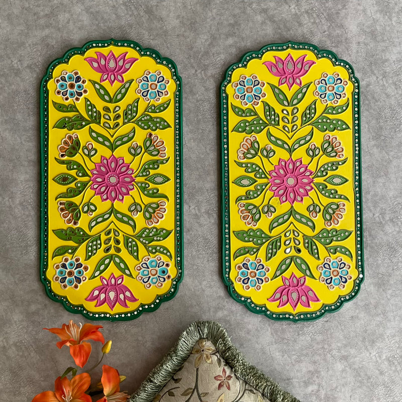 Flower Lippan Wall Hanging (Set of 2) - Clay Mirror Wall Decor - Crafts N Chisel - Indian Home Decor USA