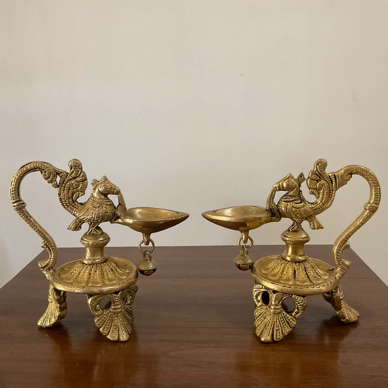5.5 Inch Annapakshi Diya With Handle (Set of 2) - Handmade Brass lamp - Decorative - Crafts N Chisel - Indian Home Decor USA