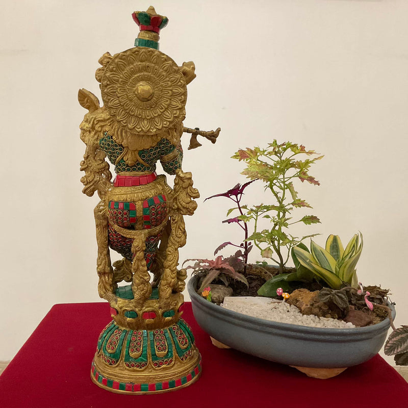 20 Inches Lord Krishna Statue, Brass Stonework Idol for Pooja, Home Entrance - Crafts N Chisel - Indian Home Decor USA