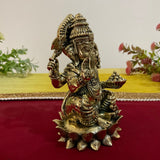 5 Inch Lord Ganesh Brass Idol On Lotus, Pooja Murti Light Weight - Crafts N Chisel - Indian Home Decor USA