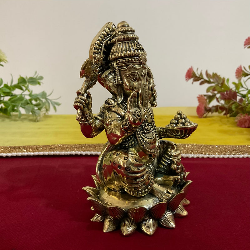 5 Inch Lord Ganesh Brass Idol On Lotus, Pooja Murti Light Weight - Crafts N Chisel - Indian Home Decor USA