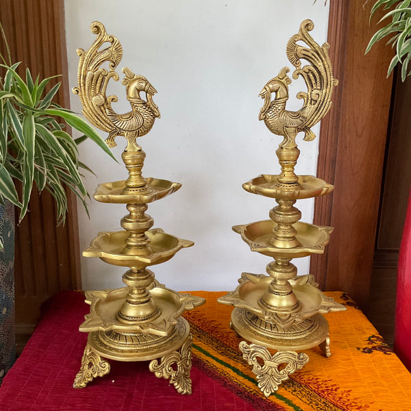 20 Inch Annapakshi Brass Diya Lamp (Set of 2) For Pooja Room Decor - Crafts N Chisel - Indian Home Decor USA