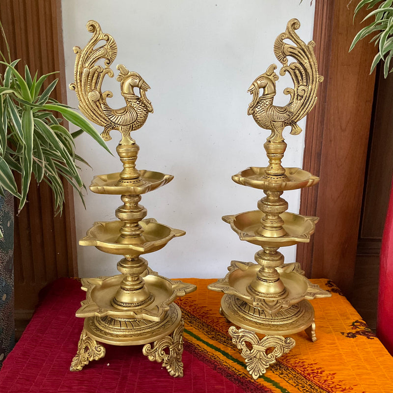 20 Inch Annapakshi Brass Diya Lamp (Set of 2) For Pooja Room Decor - Crafts N Chisel - Indian Home Decor USA