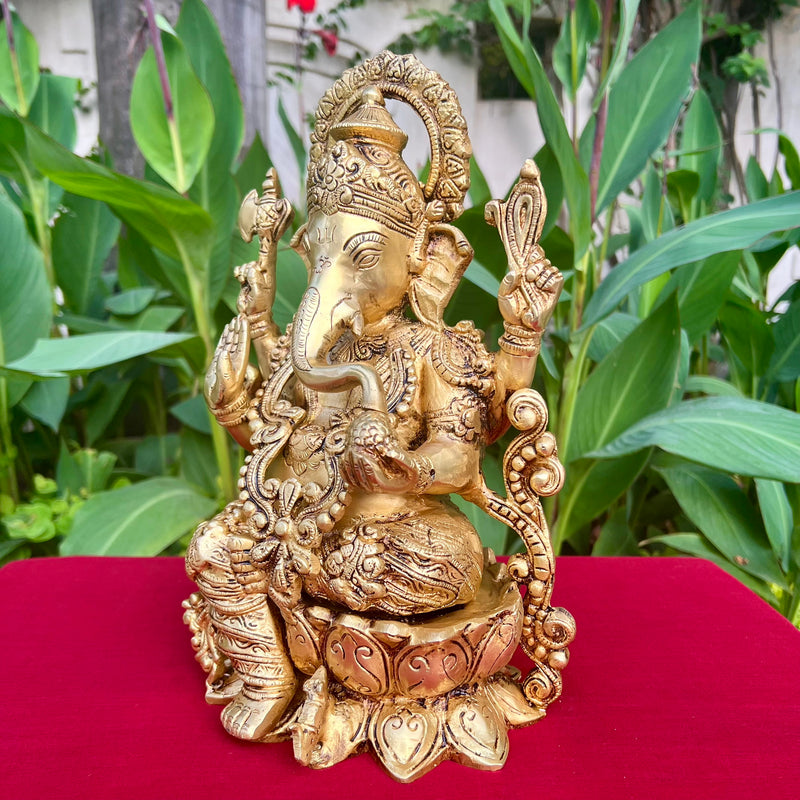 12 Inches Lord Ganesh Brass Idol - Ganpati Decorative Statue for Home Decor - Crafts N Chisel - Indian Home Decor USA