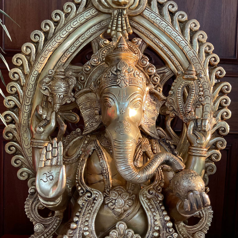 25 Inches Lord Ganesh Brass Idol With Prabhavali - Handcrafted Ganpati Decorative Statue for Home Decor - Crafts N Chisel - Indian Home Decor USA