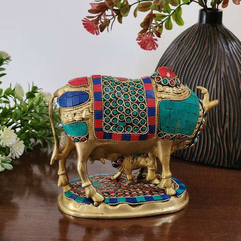 8 Inches Cow and Calf Handmade Brass Statue With Stonework - Decorative Figurine - Crafts N Chisel - Indian Home Decor USA