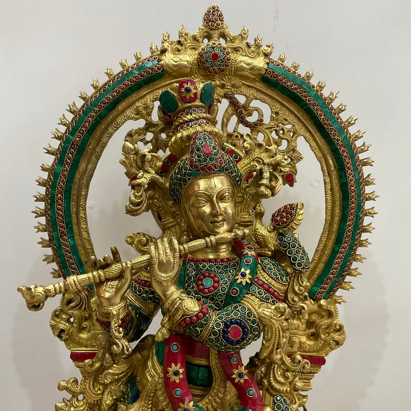 32 Inch Lord Krishna Idol Brass Stonework - Krishna Statue Decorative Figurine - Crafts N Chisel - Indian Home Decor USA