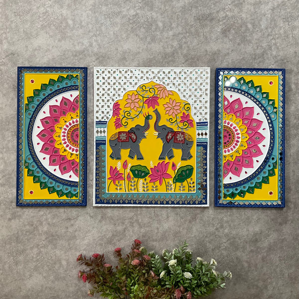 Elephant Flower Rangoli Lippan Wall Hanging - Clay Mirror Wall Decor (Set of 3) - Crafts N Chisel - Indian Home Decor USA