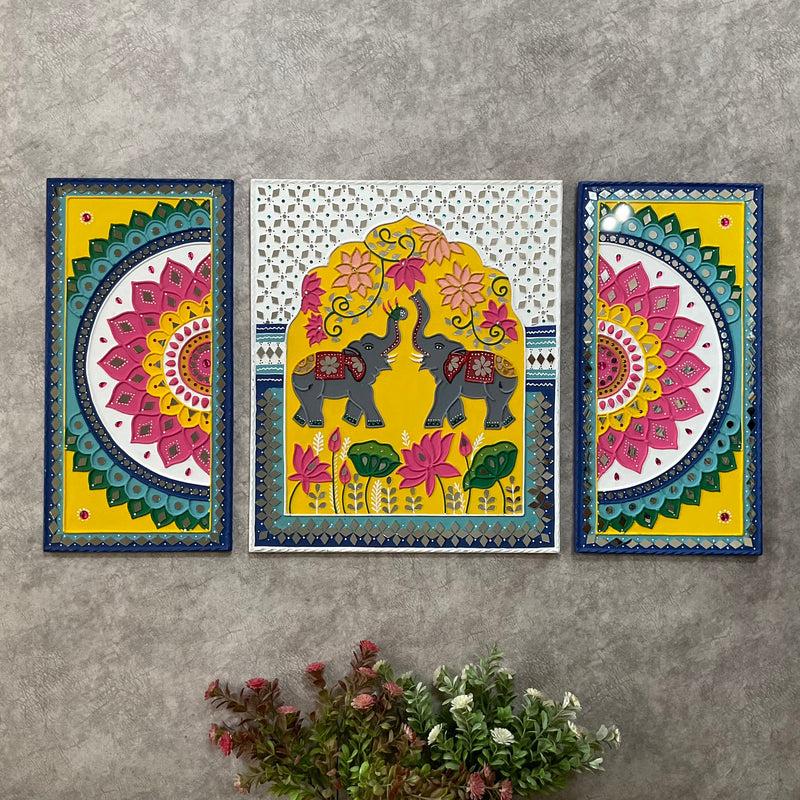 Elephant Flower Rangoli Lippan Wall Hanging - Clay Mirror Wall Decor (Set of 3) - Crafts N Chisel - Indian Home Decor USA