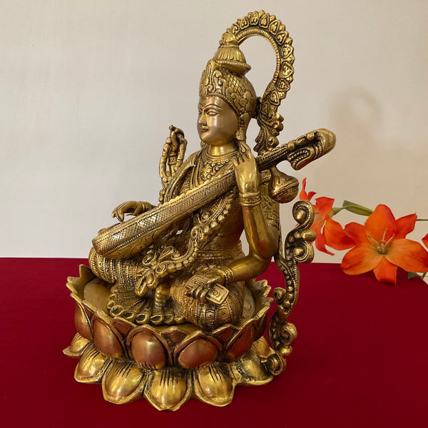 12 Inch Goddess Saraswati Brass Idol, Pooja Statue - Crafts N Chisel - Indian Home Decor USA