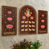 Shrinathji Jharoka Lotus Pichwai Wall Hanging (Set of 3) - Crafts N Chisel - Indian Home Decor USA