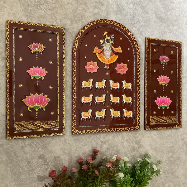 Shrinathji Jharoka Lotus Pichwai Wall Hanging (Set of 3) - Crafts N Chisel - Indian Home Decor USA