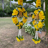 Artificial Yellow Flower Ring With Bell (Set of 6) - Festive Decoration Wall Hanging - Crafts N Chisel - Indian Home Decor USA