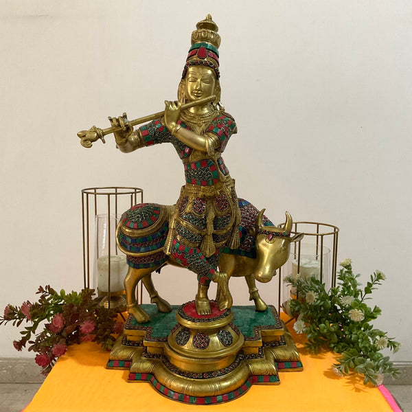 Lord Krishna Cow idol, 25 Inch Large Brass Stonework Statue for Home - Crafts N Chisel - Indian Home Decor USA