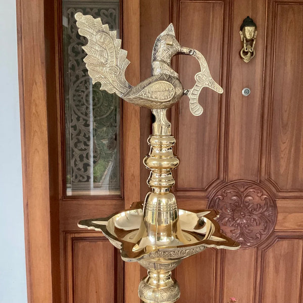 5 Feet Annapakshi Nilavilakku - Single Piece - Handmade Brass lamp - Decorative Decor - Crafts N Chisel - Indian Home Decor USA