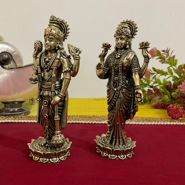 Lord Vishnu Lakshmi Brass Idol - 6” Light Weight Pooja Statue - Crafts N Chisel - Indian Home Decor USA