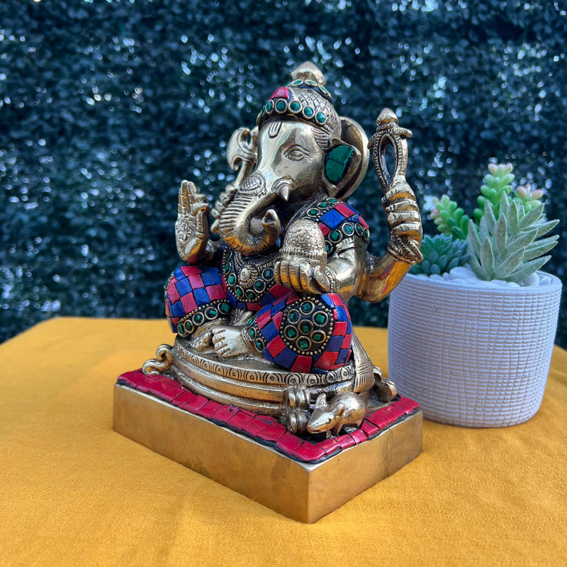 8 Inches Lord Ganesh Brass Idol - handcrafted Stonework - Ganpati Decorative Statue for Home Decor - Housewarming Gift - Crafts N Chisel - Indian Home Decor USA