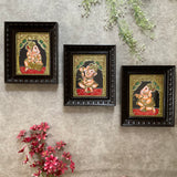 Lord Ganesha Tanjore Painting (Set of 3) - Traditional Wall Art - Crafts N Chisel - Indian Home Decor USA