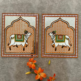 Cow Lippan Wall Hanging Set of 2 - Clay Mirror Wall Decor - Crafts N Chisel - Indian Home Decor USA