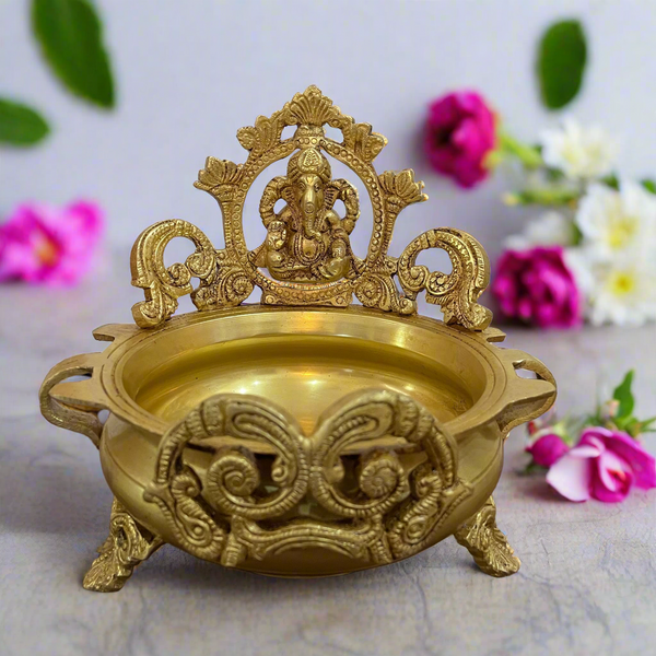 6 Inches Decorative Brass Urli With Lord Ganesha - Ganesha Urli Bowl For Festive Decor