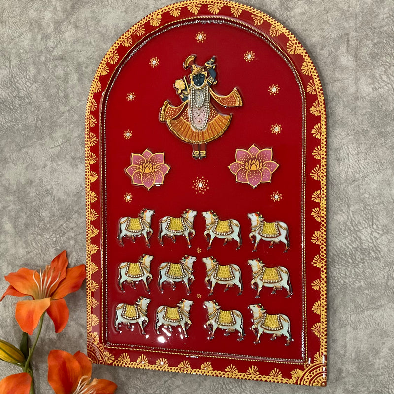 Shrinathji Jharoka Lotus Pichwai Wall Hanging (Set of 3) - Crafts N Chisel - Indian Home Decor USA